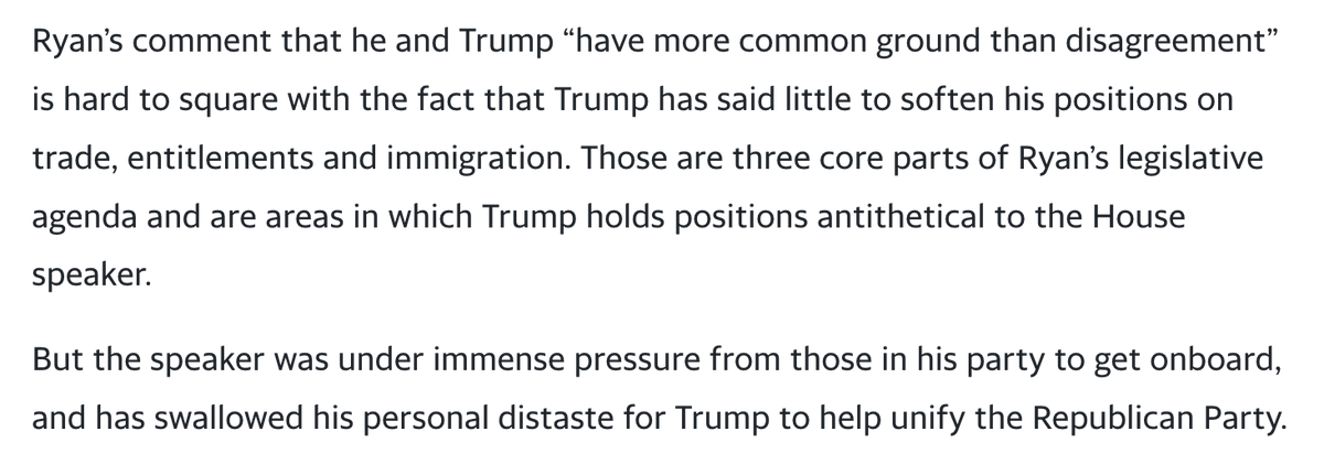 6/2/16 - "House Speaker Paul D. Ryan on Thursday gave in to political pressure to support Donald Trump."  https://www.yahoo.com/news/paul-ryan-caves-pressure-says-000000552.html