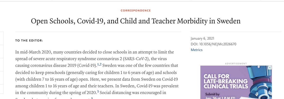 REAL data on schools from SwedenSchools open Mar-June2 mil kidsNo MASKSoc distancingNo HVAC renosNo change in death for kids15 -> ICU0 deaths from COVIDRR of being teacher & requiring ICU for covid= 1.10 (95% confidence interval [CI], 0.49 to 2.49[thread]