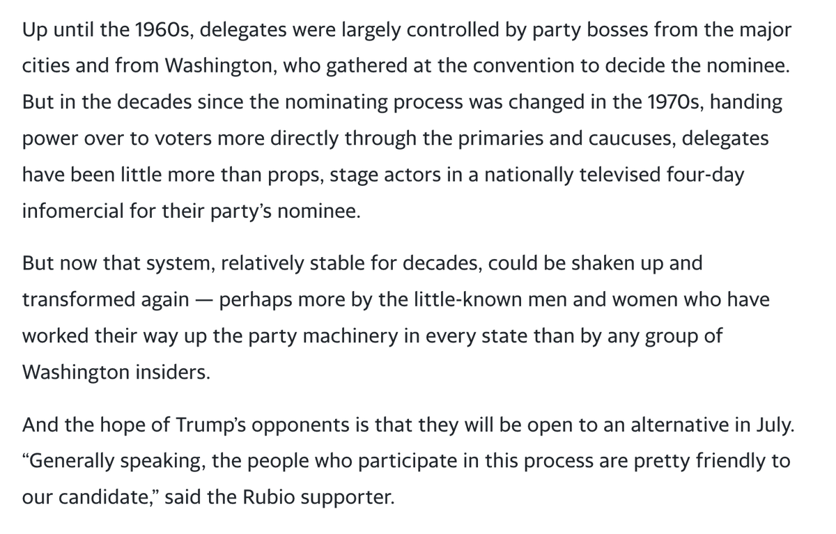 3/4/16 - "With more than half the [GOP] opposed to frontrunner Donald Trump, yet also split between his three major remaining opponents, the conditions are as ripe as they have ever been for a showdown on the floor of a [GOP] Convention this summer."  https://www.yahoo.com/news/trump-at-a-disadvantage-in-a-brokered-convention-152052016.html