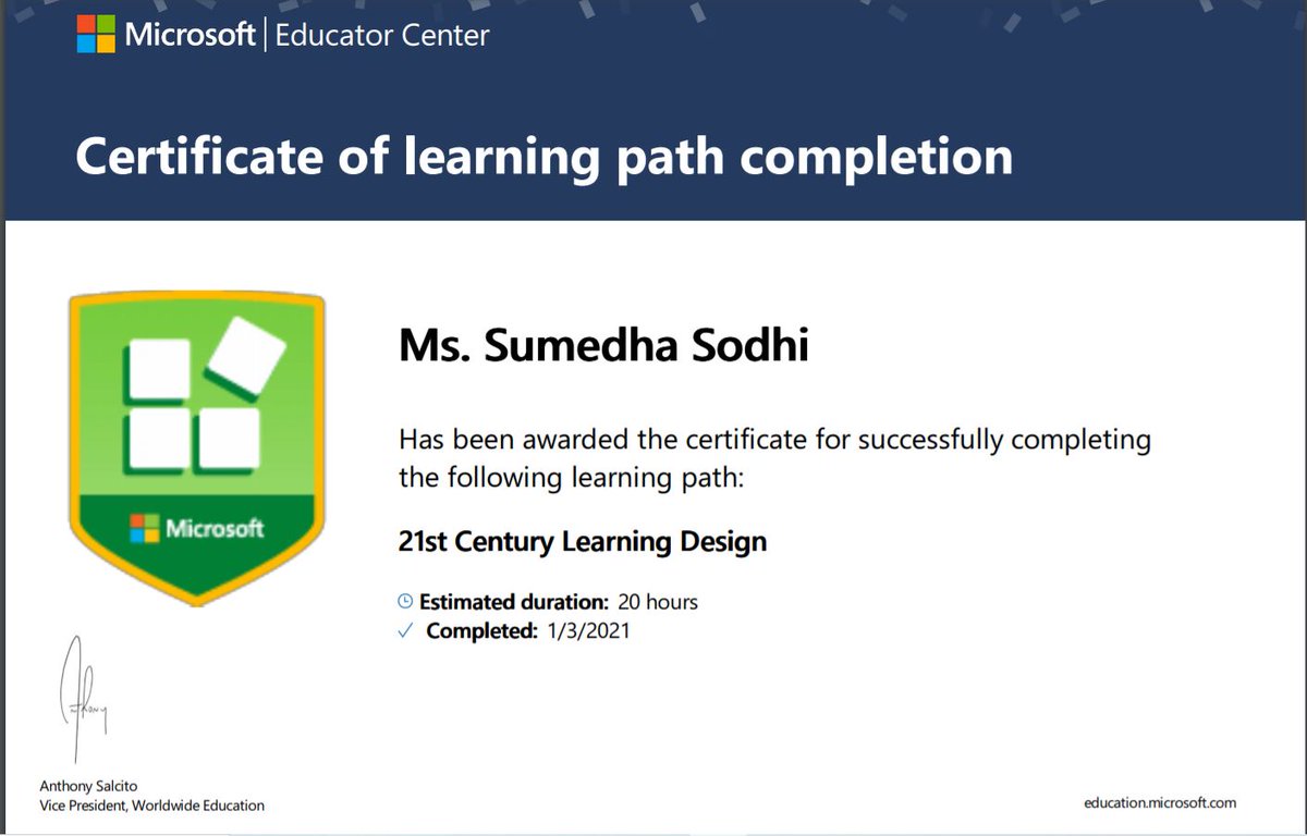 sodhisumedha's tweet photo. Just earned my 21st Century Learning Design on the Microsoft Educator Center! You can check out free PD courses too. Thankyou @AbhilashaTochi ma`am for sharing about the course. Feel empowered to cater to the needs of 21st century learners @ashokkp @y_sanjay @pntduggal #MIEedu https://t.co/wAg5jvlXvu