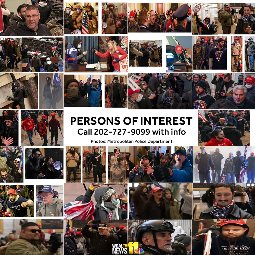 wbaltv11's tweet photo. The @DCPoliceDept released these photos of persons of interest after Trump supporters rioted at the Capitol following a rally Wednesday. See full-size photos >> https://t.co/NVxdEpCdEv https://t.co/ZRSCwLtdOp