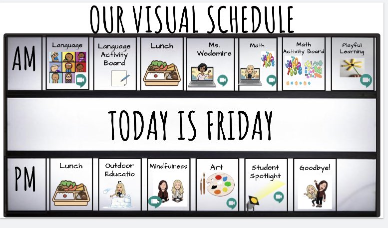 In our classroom, we use a ton of visual supports. So this week, part of the fun has been converting our in-class visuals to virtual visuals. And I think we are on the right track! What #universalsupports have you had to convert for #FRL @WestminsterCent?