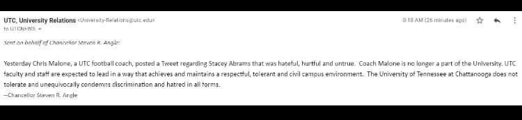 Chris Malone was fired from UTC.   <a href="/UTChattanooga/">The University of Tennessee at Chattanooga</a> way to go!!!