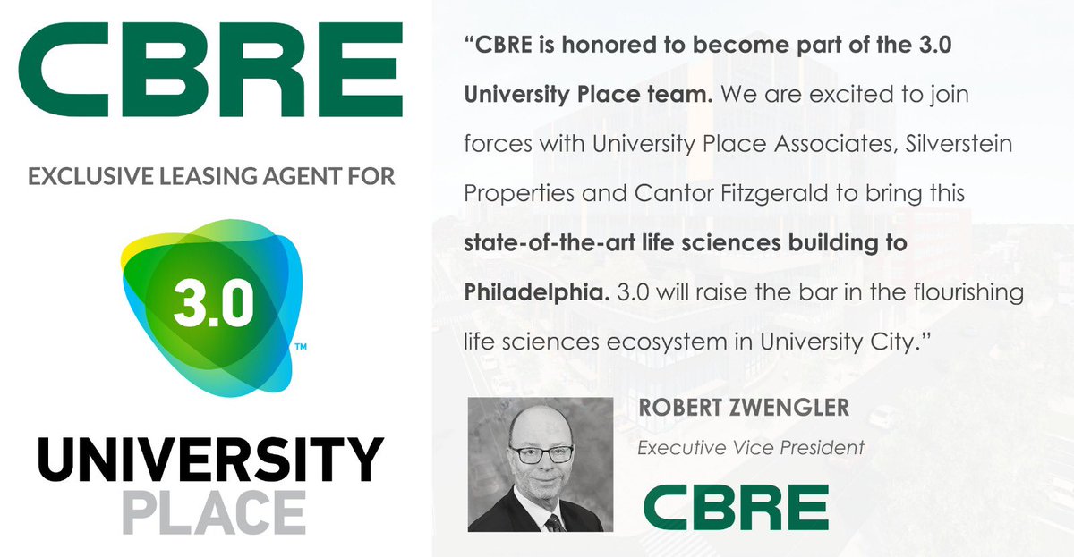 Thrilled to lock arms 🤝with <a href="/CBRE/">CBRE</a>’s Life  Sciences Team as our exclusive leasing agent for 3.0 University Place! @CBREphilly @CBRENYTriState mailchi.mp/upaphila/leasi… 💪