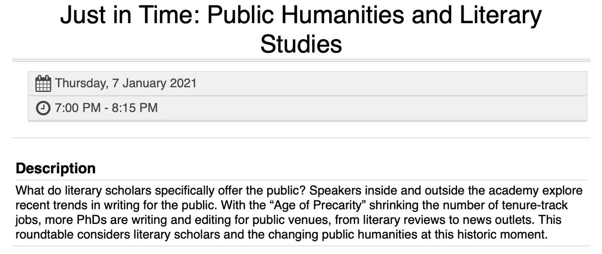 rachael_scar's tweet image. In the midst of ... all this ... I'm chairing an #mla21 "Just in Time" session on "Public Humanities and Literary Studies" today at 4PST/7EST, featuring @alanyliu @Stevie_DG @bcqer @n_j_dames @janegreenway Amrah Salomon + Omari Weekes. Please join us!