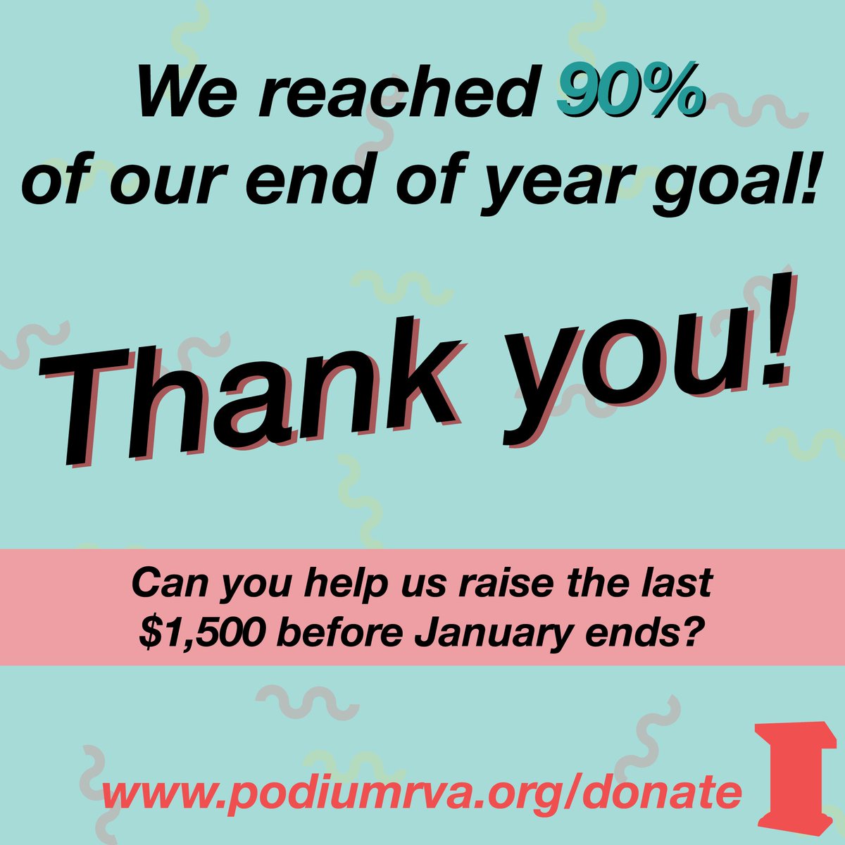 PodiumRVA's tweet photo. Because of amazing donors and supporters like you, we managed to reach 90% of our end of year donation goal!

We certainly couldn't do it without you.

#PodiumRVA #RVA https://t.co/5feHqecewt
