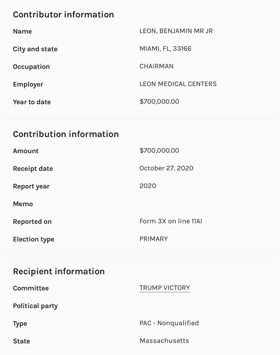 Benjamin Leon of  @LeonMedical gave $700,000 to Trump Victory on October 27th 2020. /6