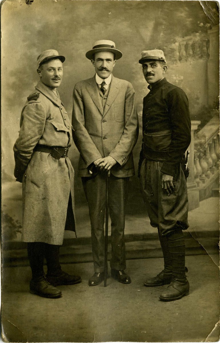 (5) Paul Ayres Rockwell (center), posing with a cane, with two soldiers in France sometime during World War I. One of the men pictured is American French Foreign Legion volunteer Herman Lincoln Chatkoff (right).