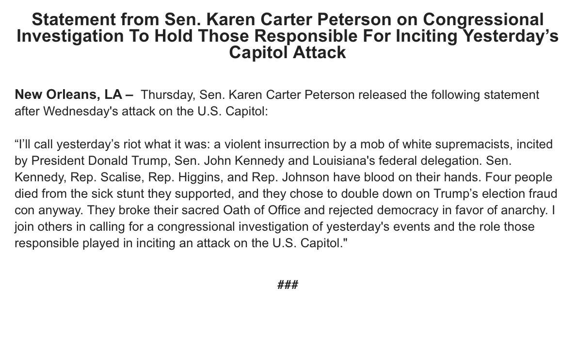 I’ll call yesterday’s riot what it was: a violent insurrection by a mob of white supremacists, incited by Donald Trump, <a href="/SenJohnKennedy/">John Kennedy</a>, and Louisiana's federal delegation.

They have blood on their hands.