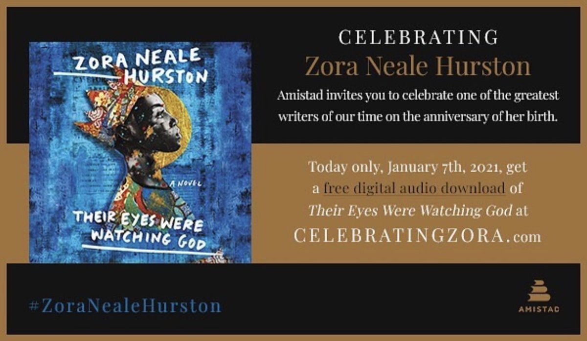 Today only, January 7th, 2021, to mark #ZoraNealeHurston’s birthday, get a free digital audio download of #TheirEyesWereWatchingGod.  

harpercollins.com/pages/celebrat…
