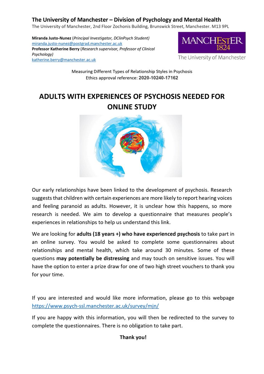 Online Psychosis Study (@psychosisstudy) on Twitter photo NEW ONLINE STUDY!
š„Adults (18+) with experiences of psychosis invited to complete online questionnaires
šProject linked to
<a href="/uom_clinpsy/">UoM ClinPsy</a>
š Opportunity to enter a prize draw
šLink to survey: tinyurl.com/y3rjbjto
šMore information below!
#psychosis NEW ONLINE STUDY!
š„Adults (18+) with experiences of psychosis invited to complete online questionnaires
šProject linked to
<a href="/uom_clinpsy/">UoM ClinPsy</a>
š Opportunity to enter a prize draw
šLink to survey: tinyurl.com/y3rjbjto
šMore information below!
#psychosis