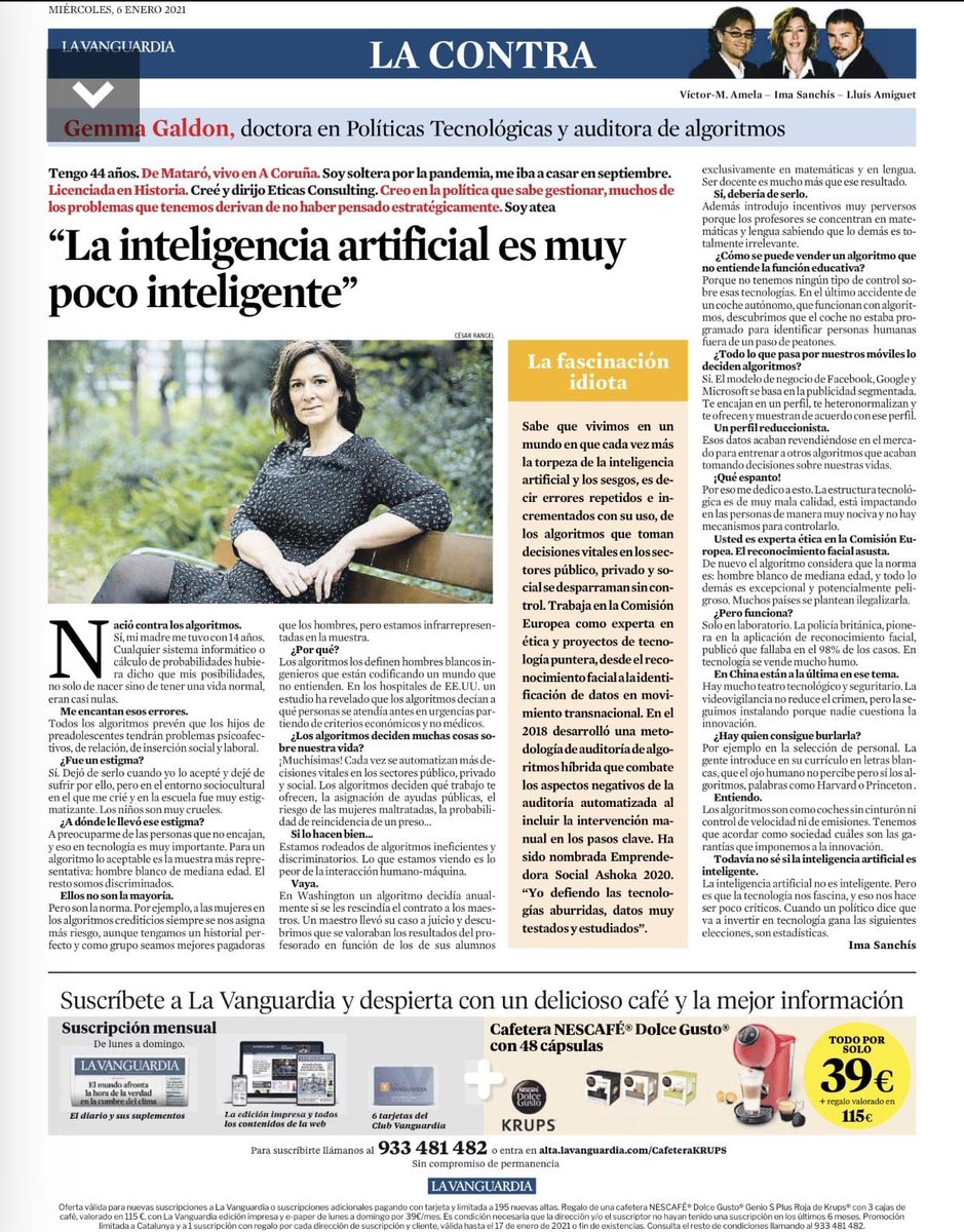 AshokaSpain's tweet photo. ¿Sabías que los algoritmos se usan para decidir el riesgo que corre una mujer maltratada, ayudas públicas o la probabilidad de reincidencia de presos? ¿Y que muchos son discriminatorios? Lo cuenta @gemmagaldon #EmprendedoraSocialAshoka en @LaVanguardia
👇https://t.co/eZiuBzIbVA https://t.co/SLAdBKNHEF