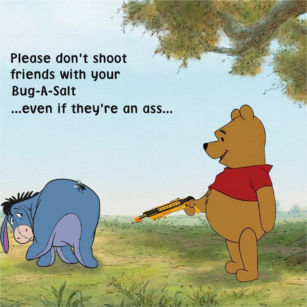 bugasalt's tweet photo. A public service announcement from Pooh and friends.
#winniethepooh #eeyore #sourpuss #bugasalt #saltgun #killshot #bugassault #indoorhunting #gift #pestcontrol #fireyourflyswatter https://t.co/OK440WBka7