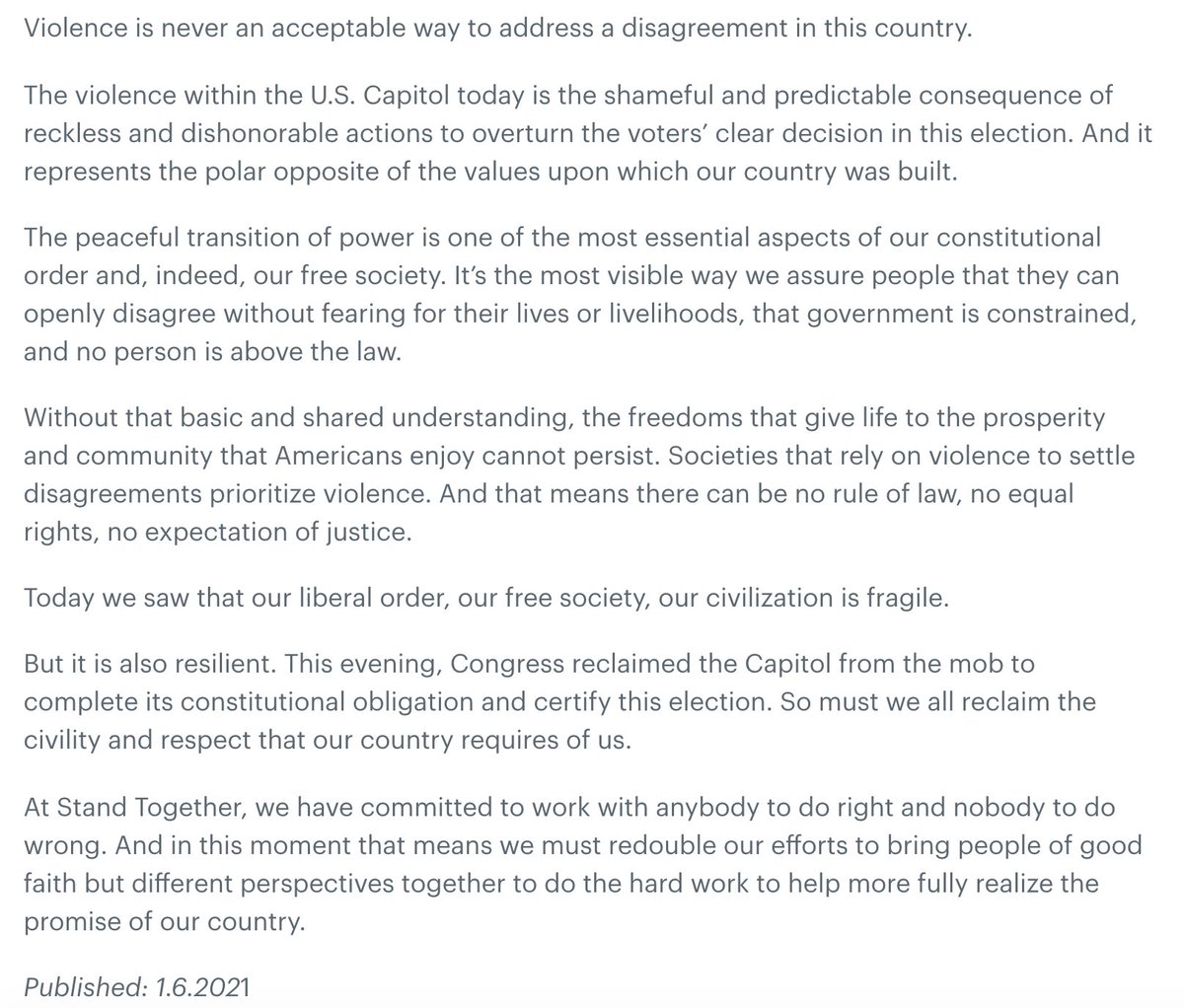 StandTogether's tweet photo. “Violence is never an acceptable way to address a disagreement in this country.”
Read the full statement from our CEO Brian Hooks regarding violence at the U.S. Capitol. https://t.co/52x0pMp4Sy https://t.co/bSbsLiXMRo