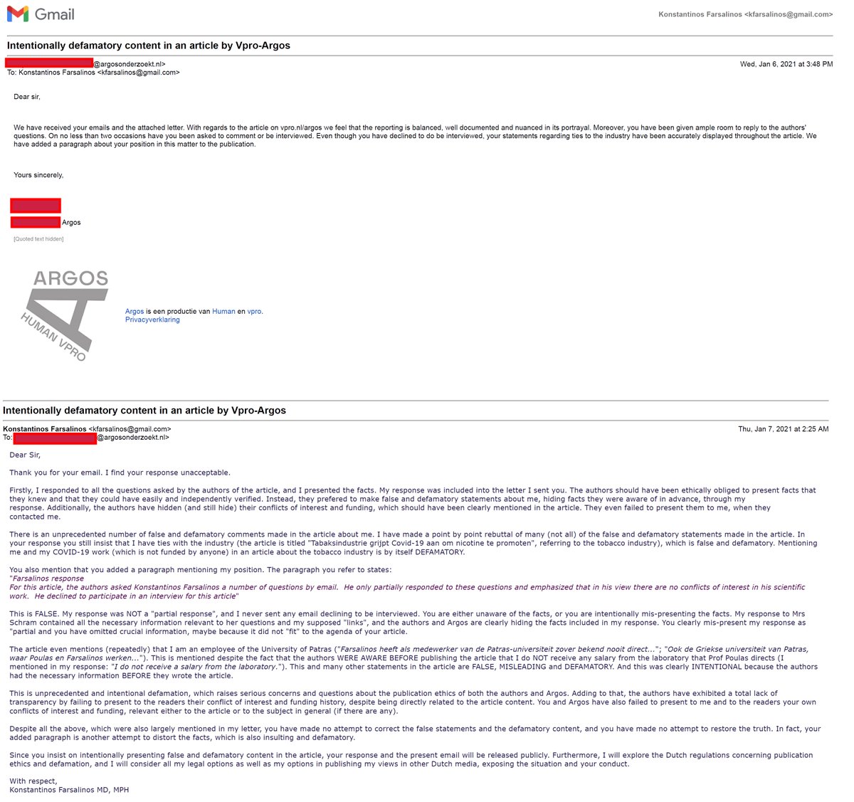 FarsalinosK's tweet photo. Argos defamation: unacceptable response from editor-they intentionally insist on FALSE+DEFAMATORY content. My response in the image, my original letter in the link: https://t.co/WmTUG1msG1 https://t.co/8LcLZBQfu0