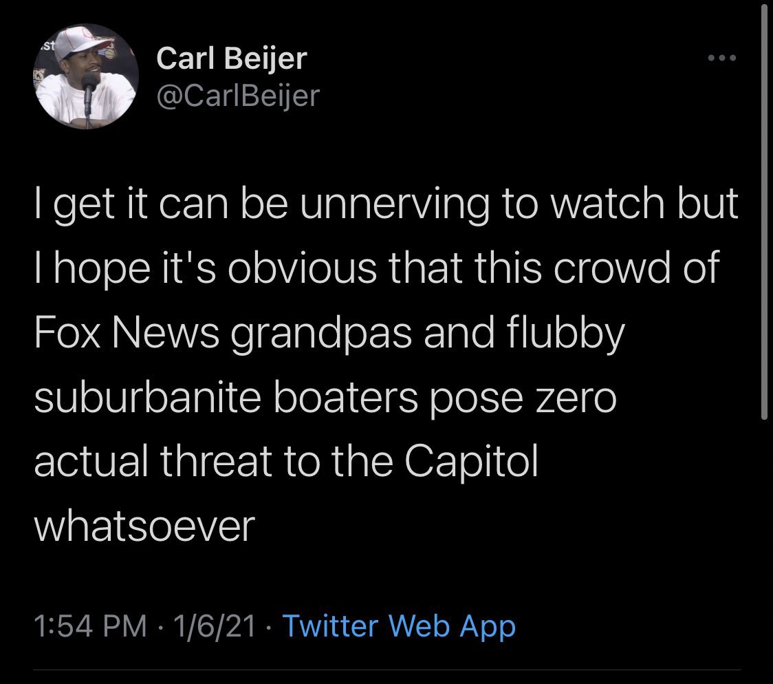 Here’s a couple.“Carl Beijer” (HT  @SamSacks) forgets to point out the “Fox News grandpas” came in their hundreds of thousands and has guns abs IEDs...
