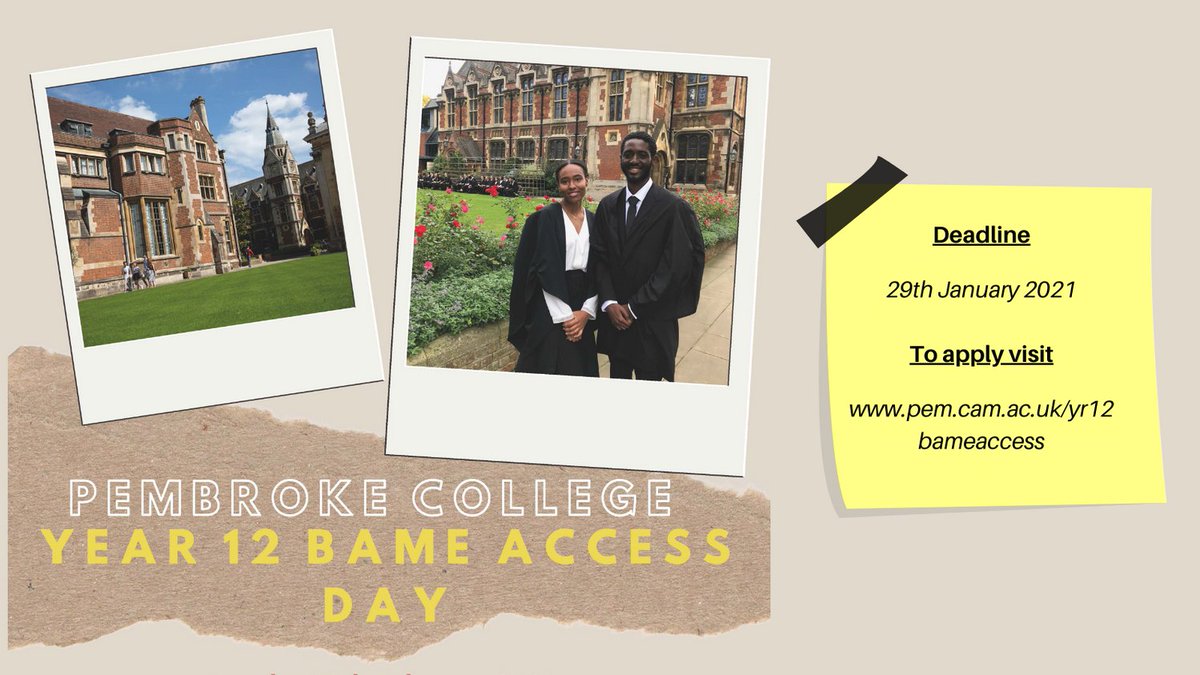 PemCamOutreach's tweet image. Applications for our virtual Year 12 BAME Access Day are still open!

For more info about the day, and a link to the application form visit: 

pem.cam.ac.uk/yr12bameaccess

🎓🎓🎓

@pembroke1347
@aimcambridge
@CambridgeACS
@Cambridge_Uni
@becambridge
@TargetOxbridge

🎓🎓🎓
