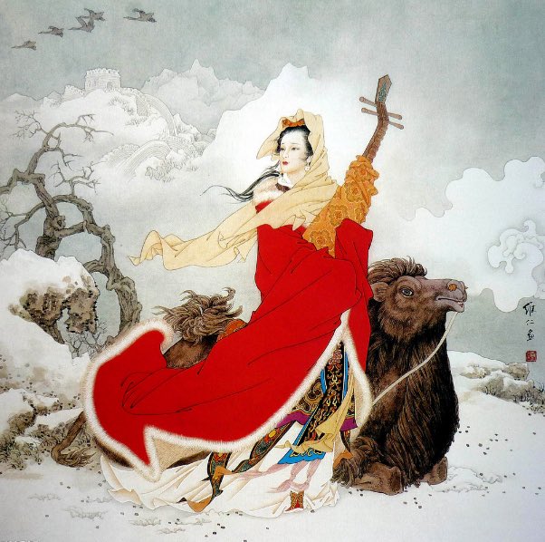 Because, plot twist, she’s hot after all. (Sometimes, you get the impression that every woman who ever does anything in Chinese history is hot).She’s almost always depicted in this red cloak with white trim, about to be “exiled” to the borderlands as a treaty bride.