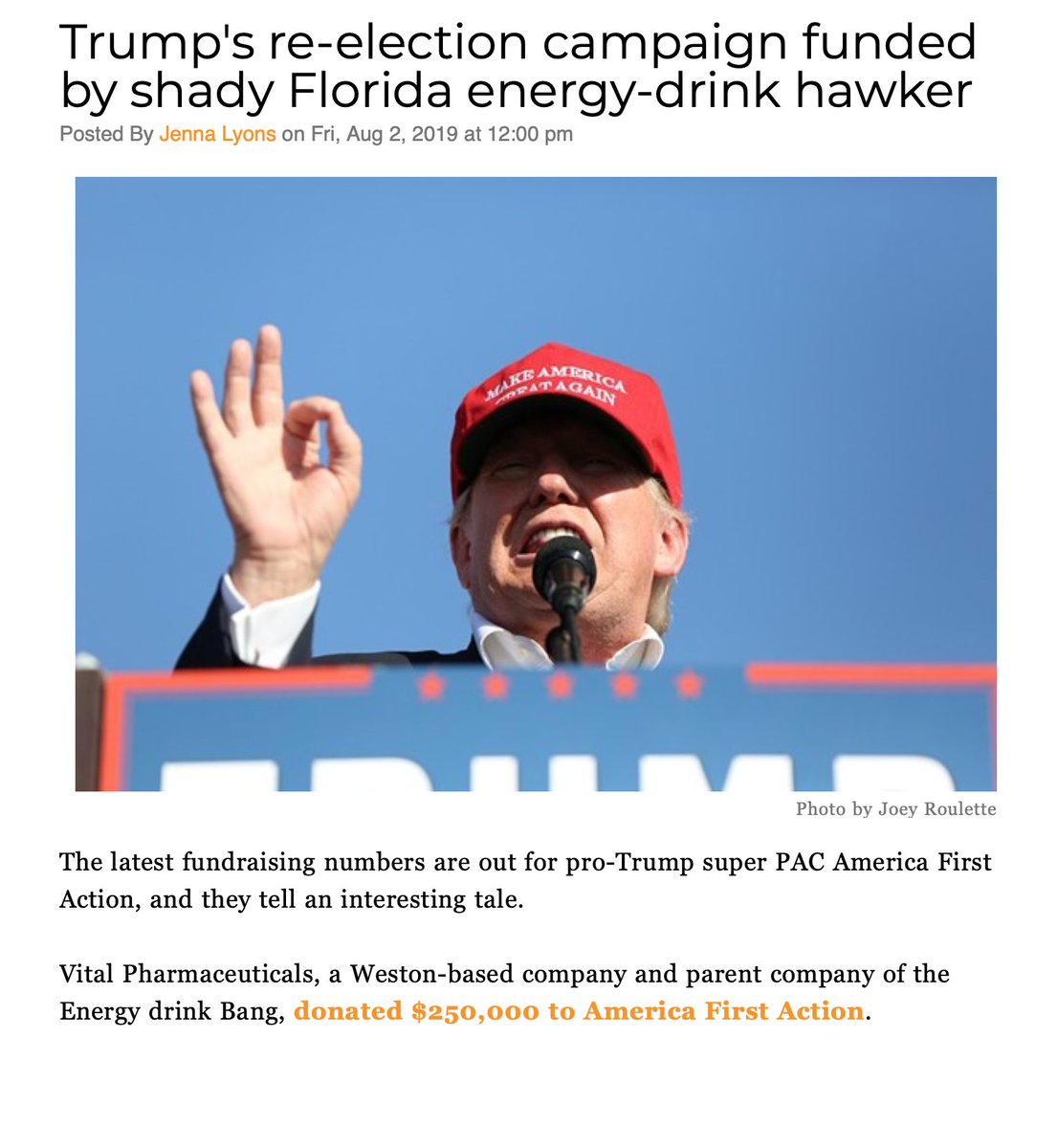 CEO of  @BANGenergy and his wife donated over $750,000 to Trump and pro-Trump PACs /7  https://www.orlandoweekly.com/Blogs/archives/2019/08/02/trumps-re-election-campaign-funded-by-shady-florida-energy-drink-hawker