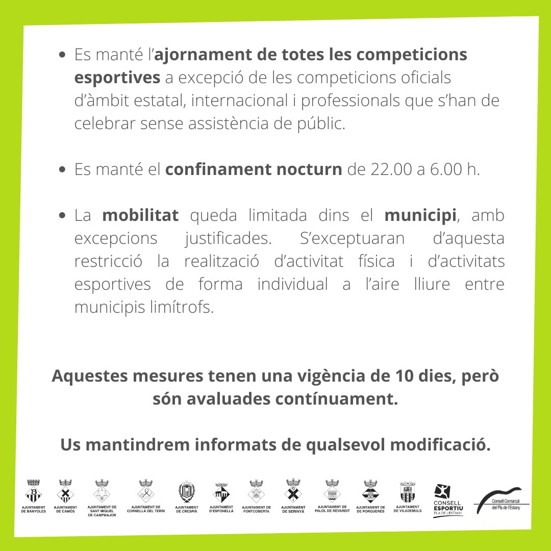 Saps com afecten les mesures per a la contenció de la #COVID19 vigents a partir d'avui, 7 de gener, en l'àmbit esportiu?
A continuació trobareu tota la informació actualitzada.