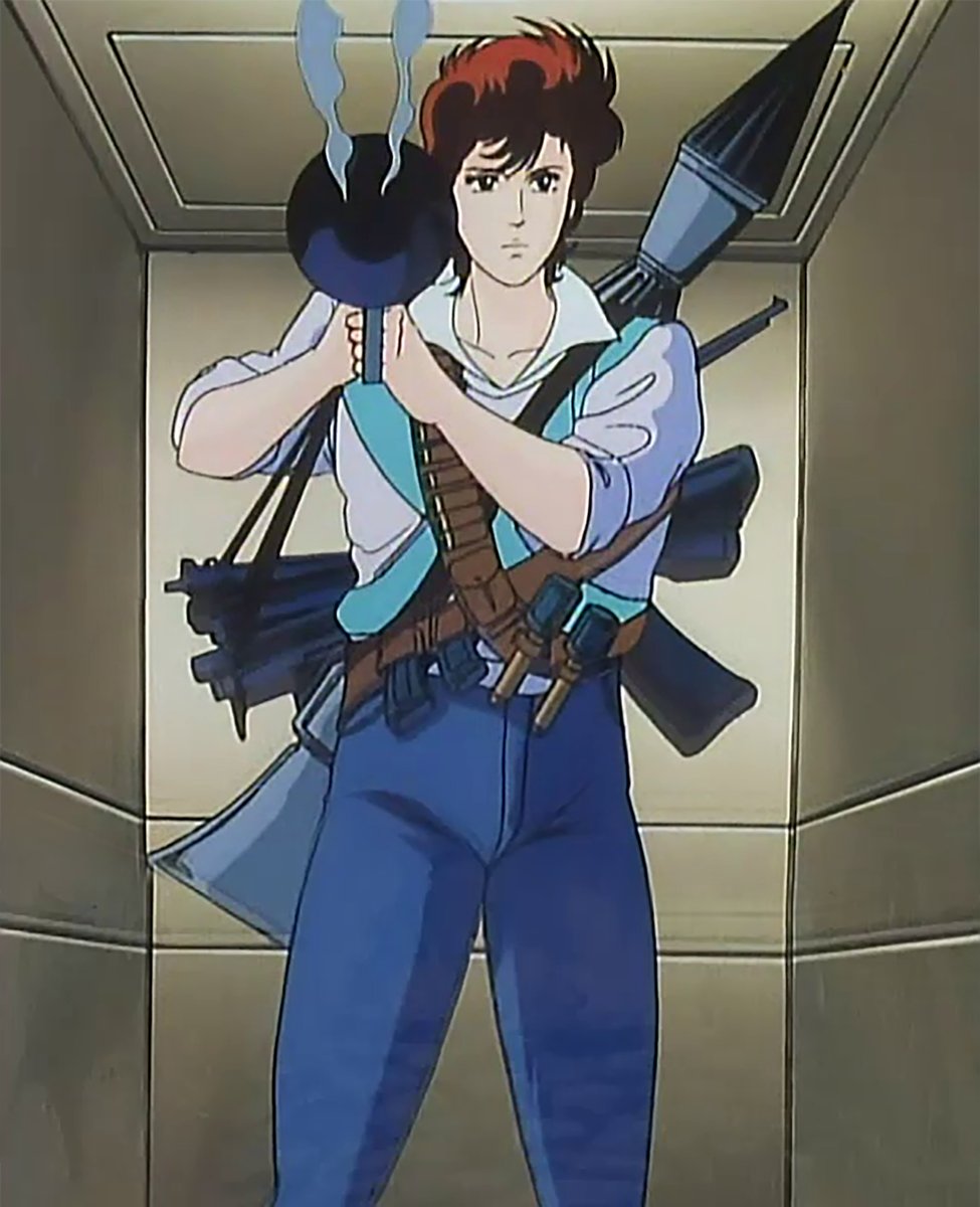 Kaori Makimura from CITY HUNTER 2, #18 - Storyboard vs. Final Shot. This is a bottom-to-top panning shot. Though it may not be practical, I like the "one-handed bazooka" look a lot.