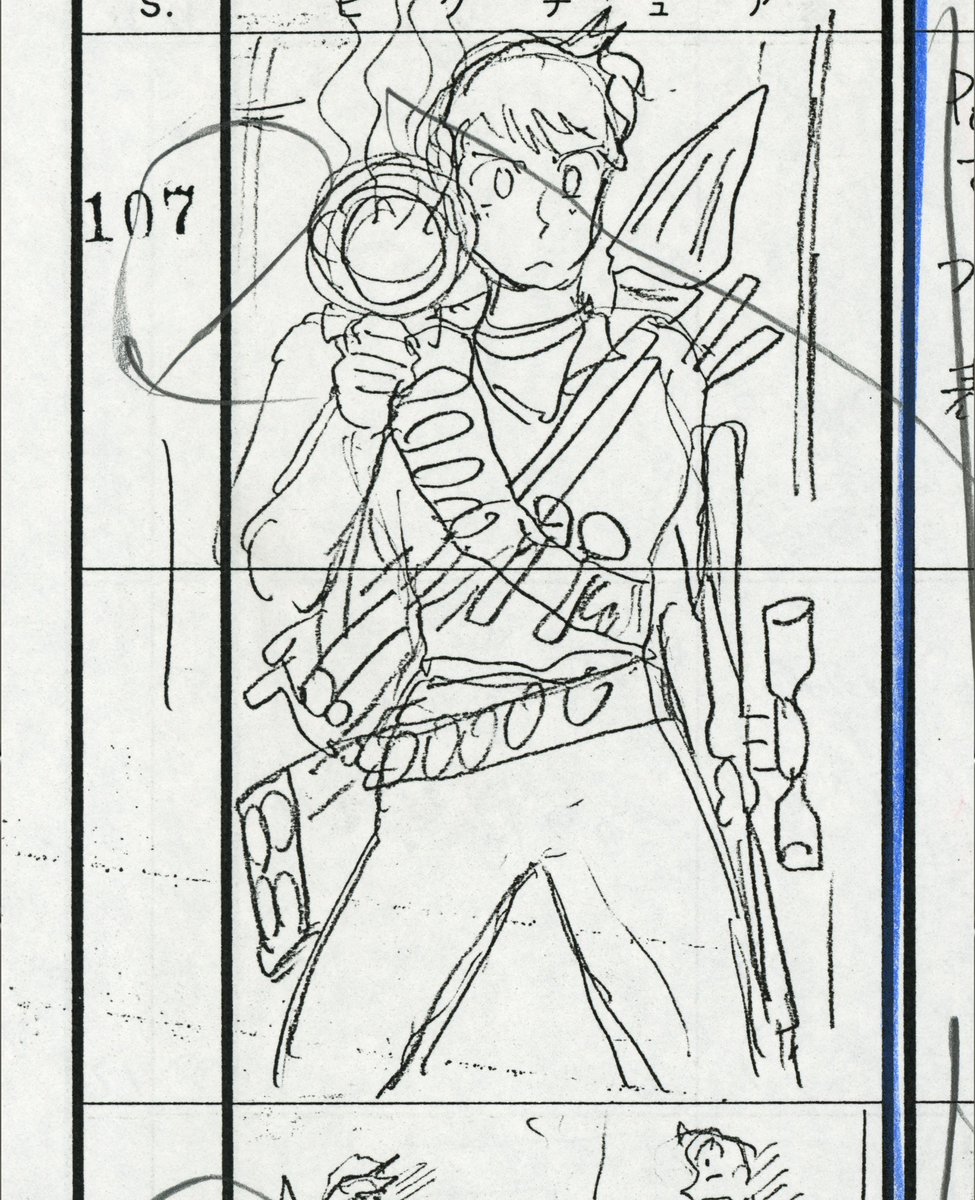 Kaori Makimura from CITY HUNTER 2, #18 - Storyboard vs. Final Shot. This is a bottom-to-top panning shot. Though it may not be practical, I like the "one-handed bazooka" look a lot.