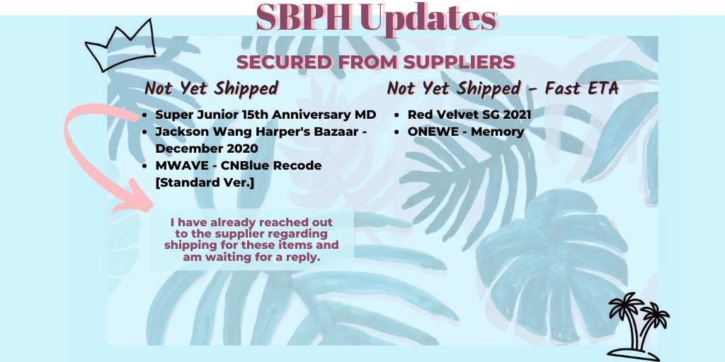 sseuniebeomph's tweet photo. ๐ด #SBPHUpdates ๐ด
๐๐ป Secured From Suppliers
these are orders secured to suppliers and are awaiting shipment from their warehouses to our KR Address ๐
if I missed out on anything or need any clarifications, please donโt hesitate to contact me ๐ https://t.co/6cOOgMqALg