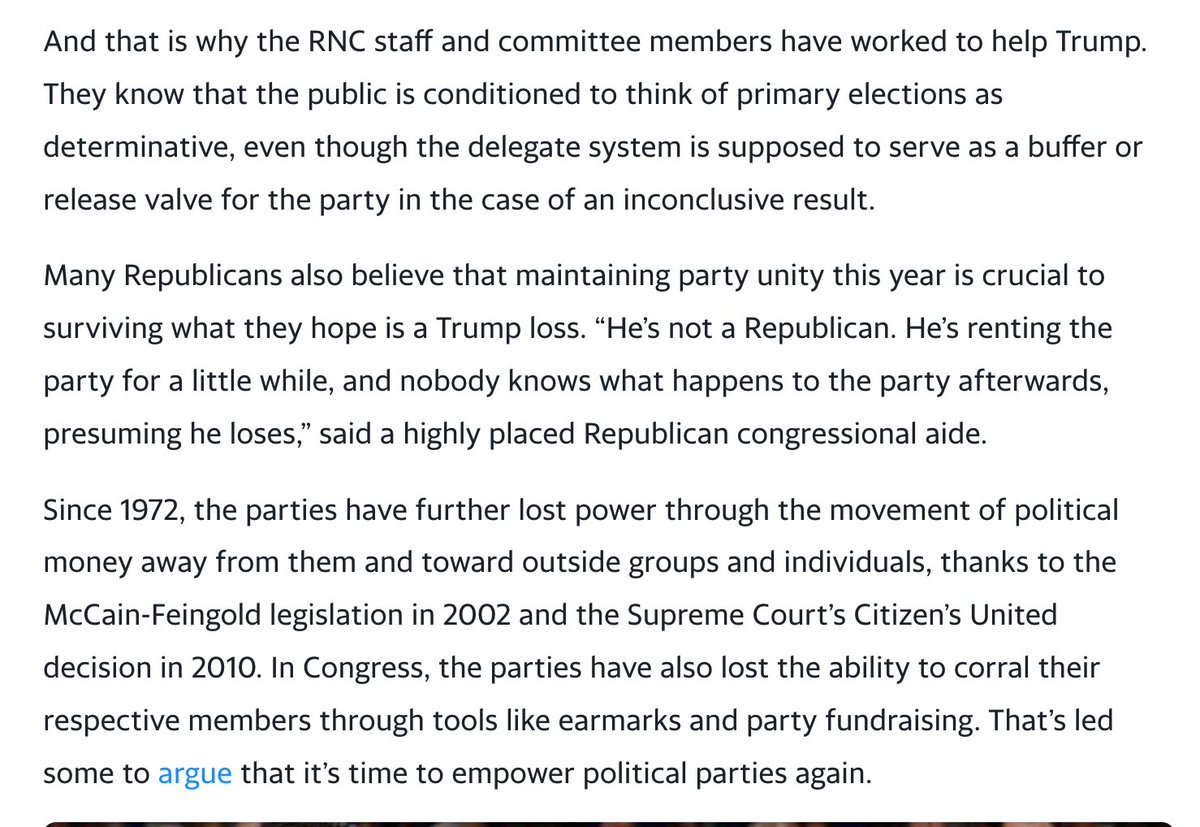 7/19/16 - Republicans rationalize that Trump will lose to Clinton so they can let him win the nomination and someone else will deal with their mess. "Nobody knows what happens to the party afterwards, presuming he loses."  https://www.yahoo.com/news/rnc-donald-trump-party-power-000000290.html?soc_src=mail&soc_trk=ma
