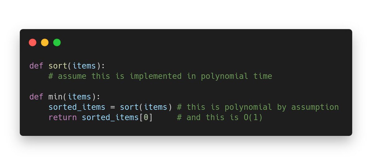 What we need is a polynomial-time reduction from B to A. This sounds complicated, but it's very intuitive. What we want is a way to implement MIN provided that you can call SORT, and that implementation has to be of polynomial complexity. For example:
