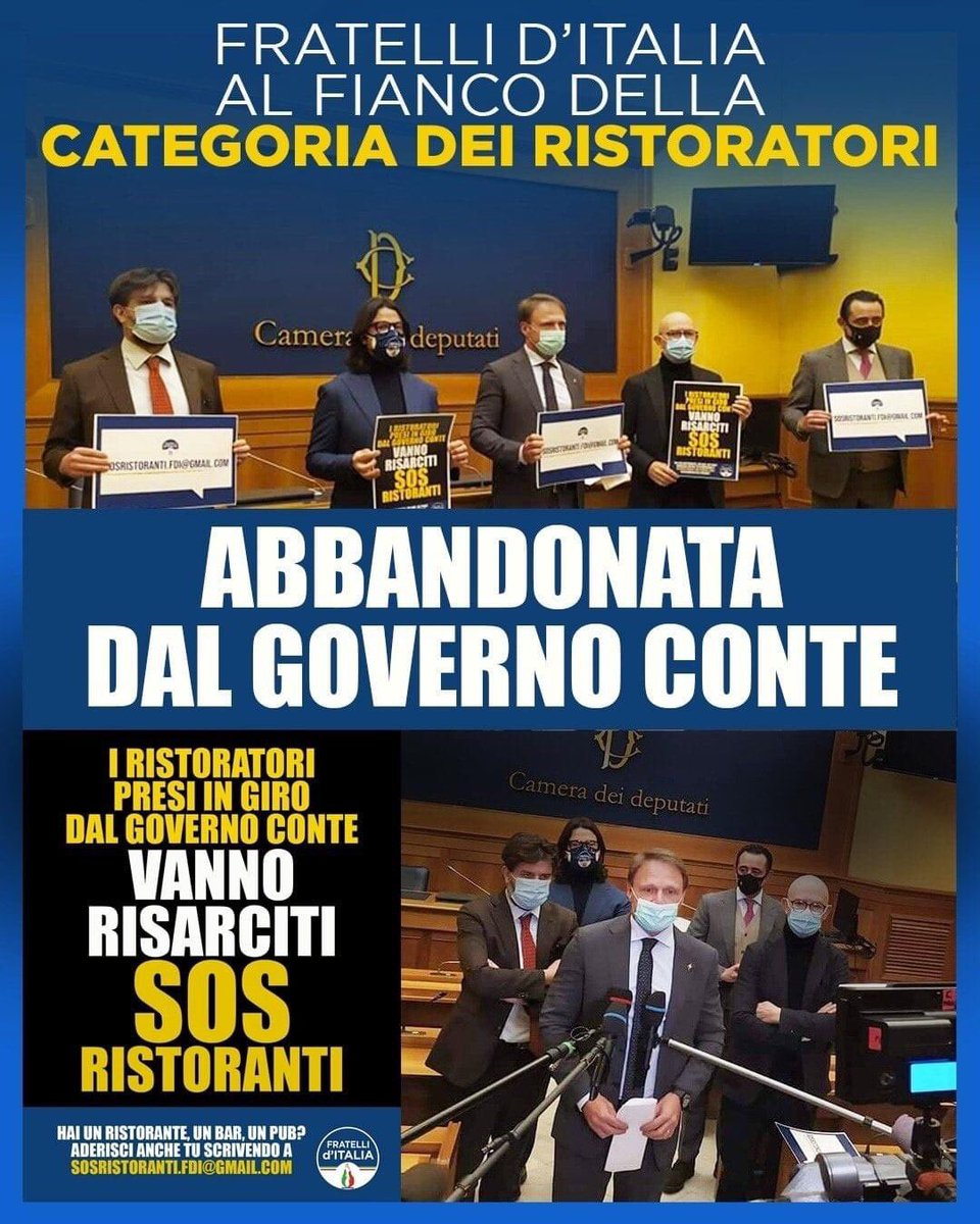 🔵 Fratelli d'Italia al fianco dei ristoratori.
<a href="/PTrancassini/">Paolo Trancassini</a> <a href="/FrancescoLollo1/">Francesco Lollobrigida 🇮🇹</a> <a href="/salvatorecaiat1/">Salvatore Caiata</a> <a href="/zucconideputato/">Riccardo Zucconi</a> <a href="/MarcoOsnato/">Marco Osnato</a>