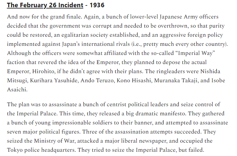 9/But finally, in 1936, the big one came.A large number of junior army officers, with troops to back them, and sympathies from some generals, launched a huge insurrection aimed at assassinating senior politicians and seizing control of government buildings.