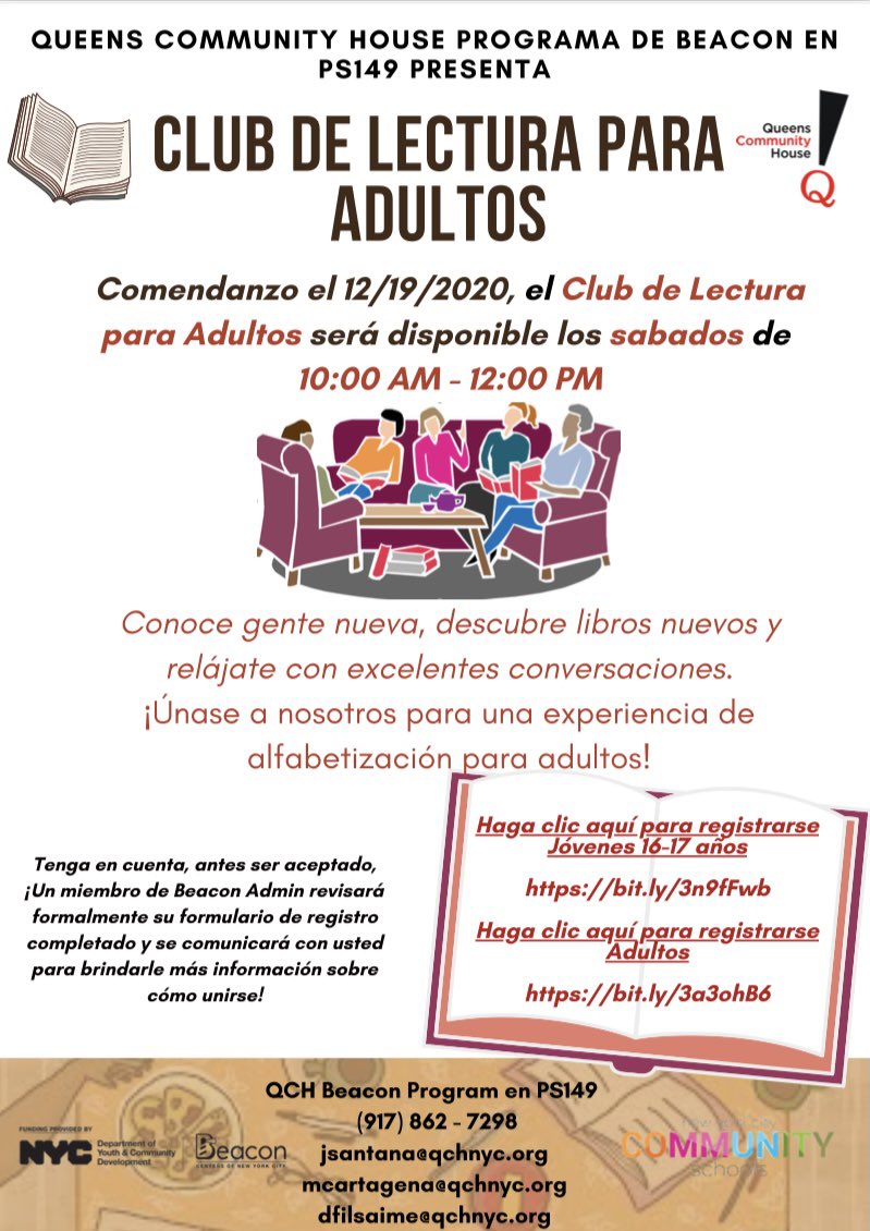 BeaconQch's tweet photo. Get ready for our Adult Book Club📖 

Book discussions every Saturday from 10 a.m - 12 p.m.

#qch #qchnyc #bookclub #nycafterschool #beacon #afterschool https://t.co/7C3vwwOeM2