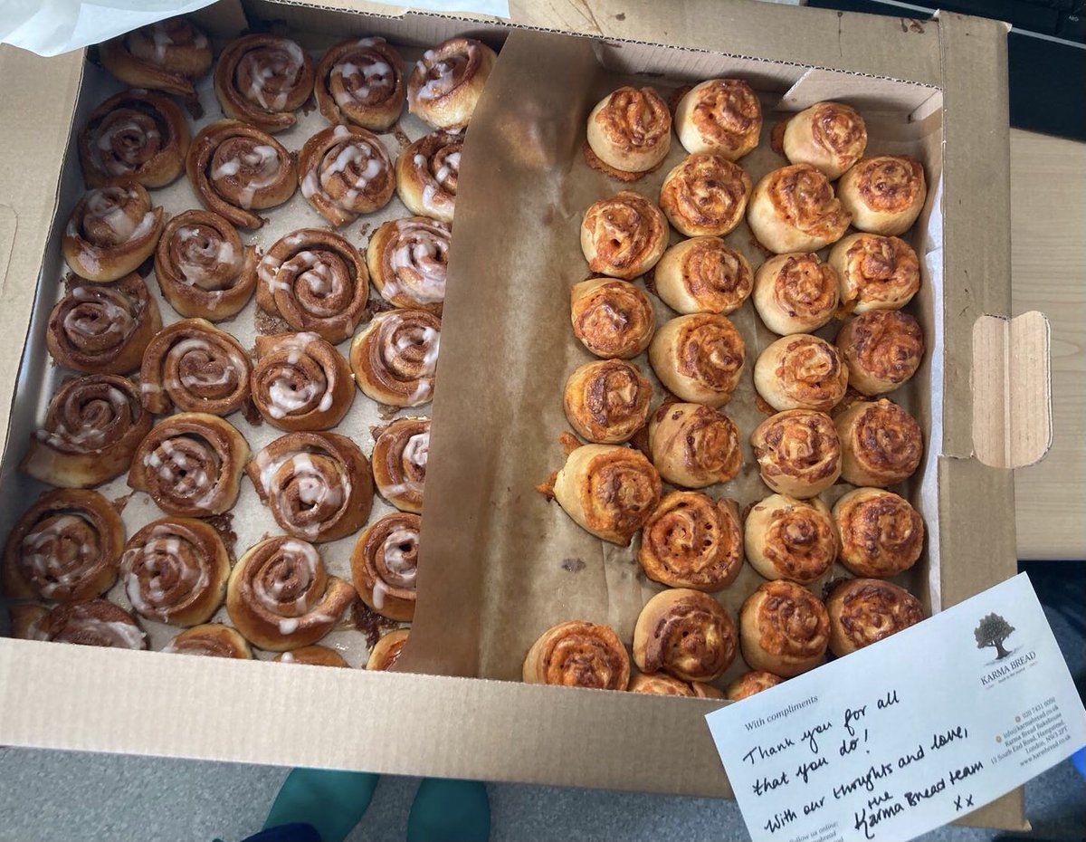 AnnaCroft10's tweet photo. Grateful 🙏🏻💙🌈 @karmabread 

Thank you for supporting your local Royal Free Therapy team with the most delicious baked delights making the day a little brighter 
🍩💙🍩💙🍩💙🍩💙🍩💙
#royalfree #physiotherapy #COVID19 #NHSheroes #grateful https://t.co/yRv5Ok9T8E