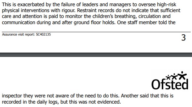 Life inside a (privately-owned) children's home: 1st time I have seen an Ofsted report make such an explicit reference to the improper, unauthorised physical restraint of vulnerable children. Concerns over 'breathing, circulation and communication'.