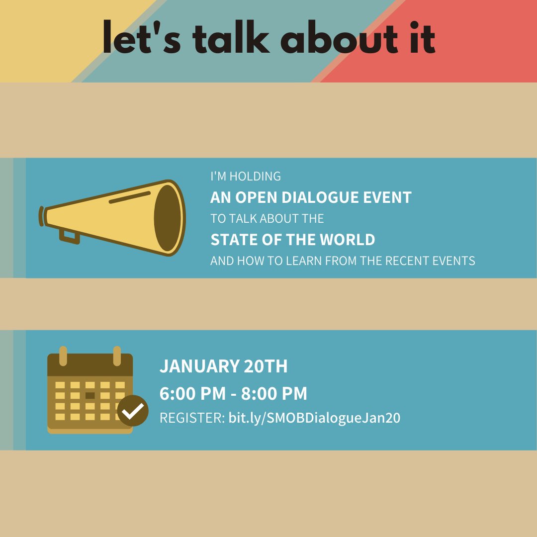 As many of you work to fully process your emotions and feelings, I want to let you know that you’re not alone. 

On January 20, I’ll be hosting a virtual open-dialogue. This will be a chance to share your thoughts, voice your opinions, &amp; express your feelings with your peers.