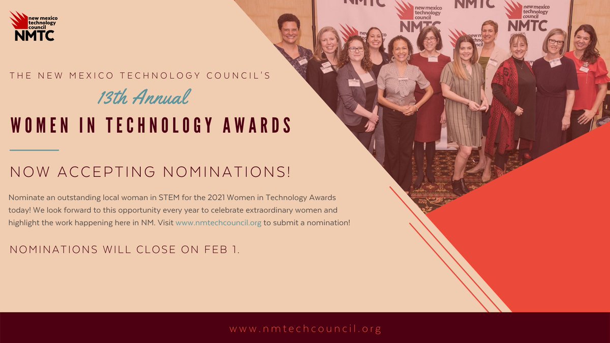 nmtechcouncil's tweet photo. Nominations for the 2021 Women in Technology #Awards are open! Help us spread the word, or nominate the outstanding local women in your network today.

It's an honor to recognize talent in our state each year at our #WIT Celebration.🏆

Submit a nom here: https://t.co/7YM6vlcl6o https://t.co/6XeN3zbs7x