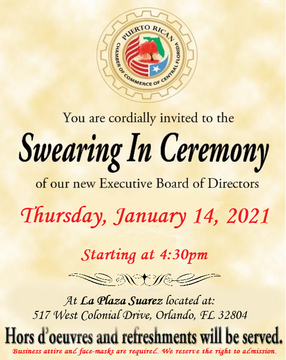 PRChamberCFL's tweet photo. Join us at the Swearing-In Ceremony of our new #ExecutiveBoard on January 14 and meet our #PresidentElect, Jorge Figueroa.

For more information visit: https://t.co/MbdWYCuRMn
**This is an outdoor event**
#PRCCCF #networkingevent #smallbusiness #centralflorida https://t.co/r5NLaNcSbf