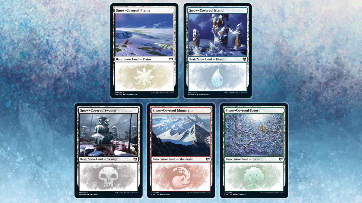 Now let’s look at the #MTGKaldheim mechanics that you’ll come across. Modal double-faced cards, sagas, and basic snow lands are back! ❄️