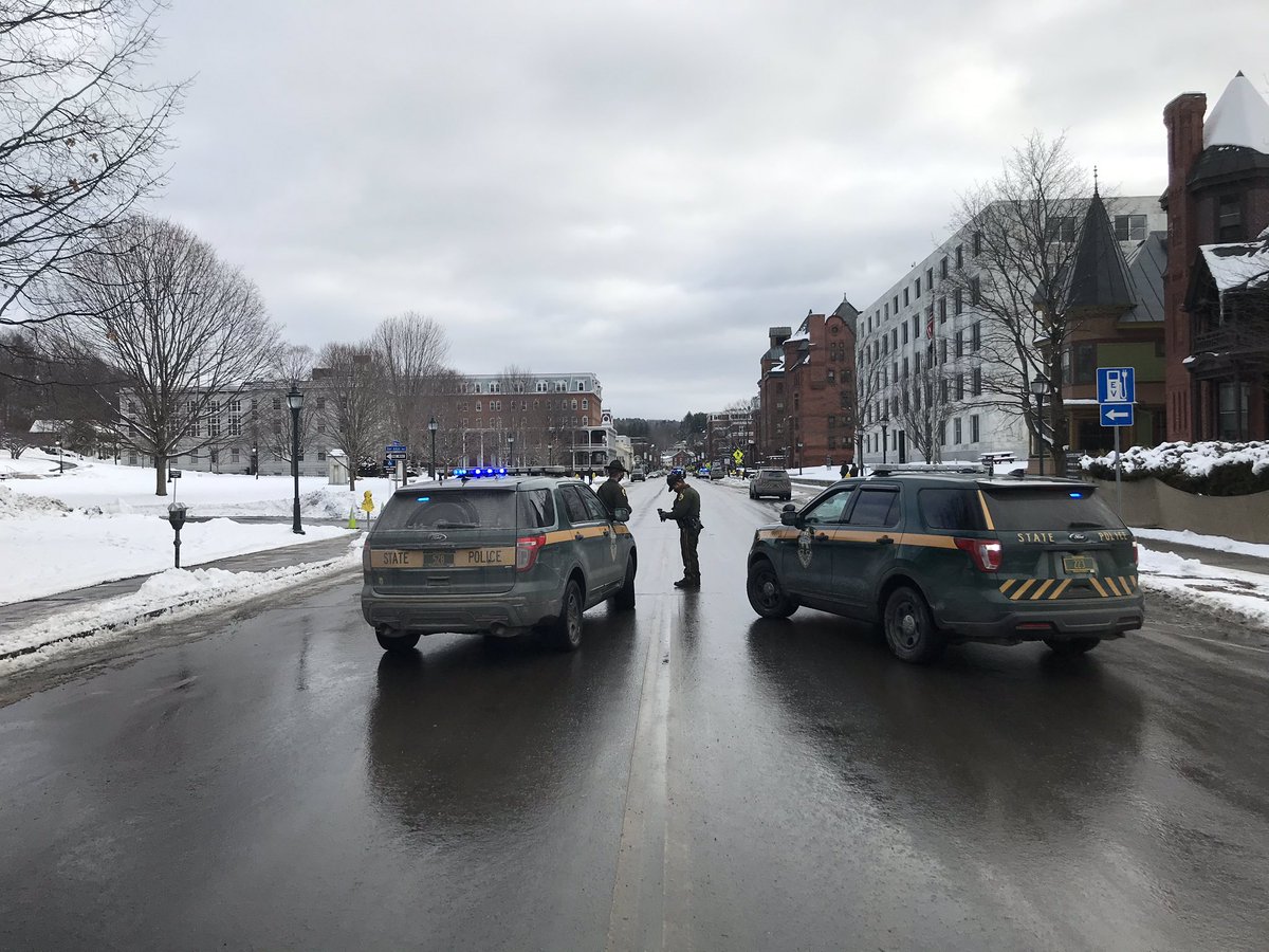 Heavy police presence in Montpelier today, where <a href="/GovPhilScott/">Governor Phil Scott</a> will be sworn in on the Statehouse steps 30 minutes from now.
Cruisers have blocked all vehicle traffic from streets abutting the Statehouse lawn, and dozens of law enforcement officials are patrolling the grounds