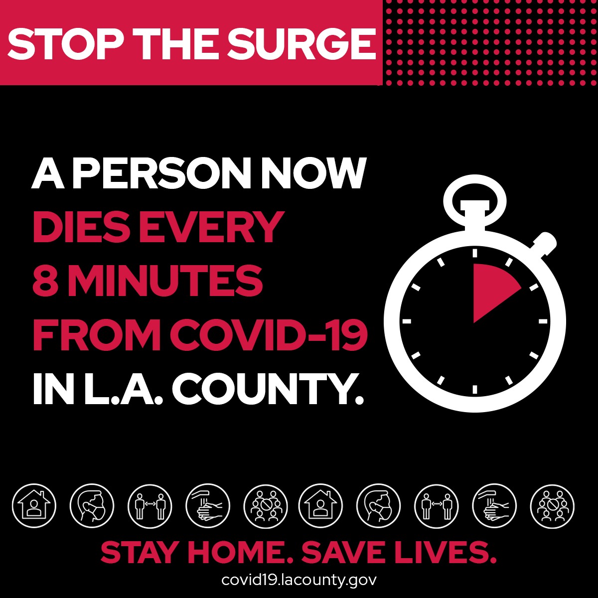 A person now dies every 8 minutes from #COVID19 in LA County. Stay home to save lives, always wear a mask when out for essentials and avoid gathering with people you don't live with.