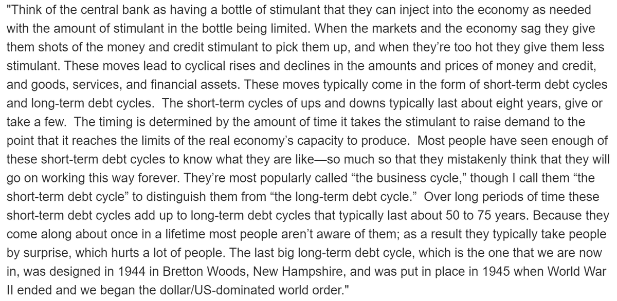 2/ In the words of  @RayDalio, "Right now, the world’s major central banks have the least fuel in their tanks since the late 1930s so are now in the later stages of the long-term debt cycle. Because they come along about once in a lifetime most people aren’t aware of them."