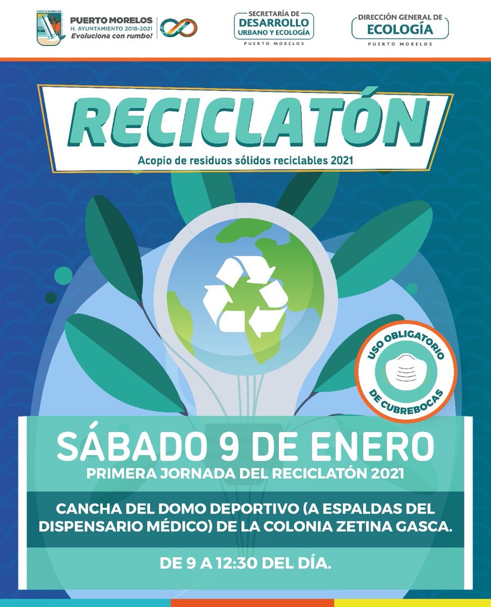 Amig@s, este sábado es nuestra primera jornada de Reciclatón del 2021 y tenemos un cambio de sede ya que en esta ocasión el acopio será en el domo deportivo de la colonia Zetina Gasca, a espaldas del dispensario médico.
#PuertoMorelos
#EvolucionaConRumbo