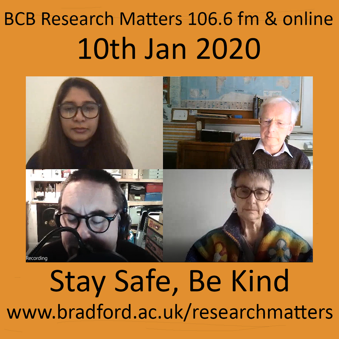MarcusRattray's tweet photo. First 2021 Research Matters @bcbradio on 10th January, 1pm with @DonyaWaseem on corporate trust and Covid19 contact tracing, Molly Somerville &amp; Peter Nias on Bradford resident stories and a special feature on happiness. Plus @UniofBradford research news and music https://t.co/jnCXoWq8QD