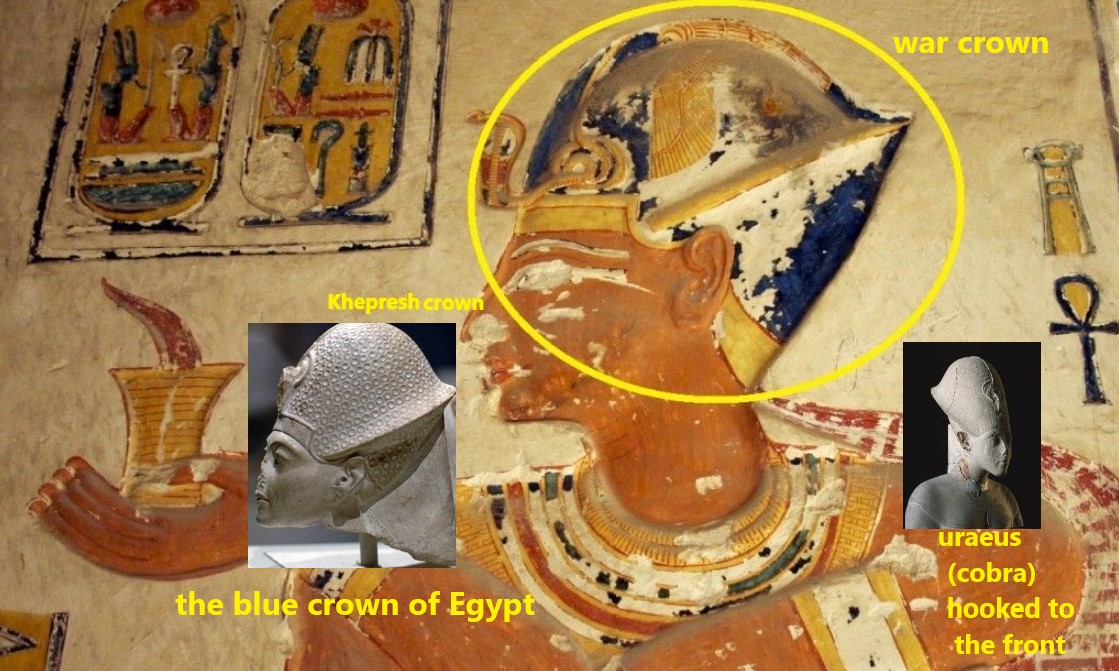 Part(2).Blue = War Crown.Egyptologists speculated the Khepresh was made of leather or stiffened cloth covered with a precise arrangement of hundreds of sequins or rings.The Khepresh may instead indicate the regular array of HEXAGONAL holes in an open triaxial weave.HEX.