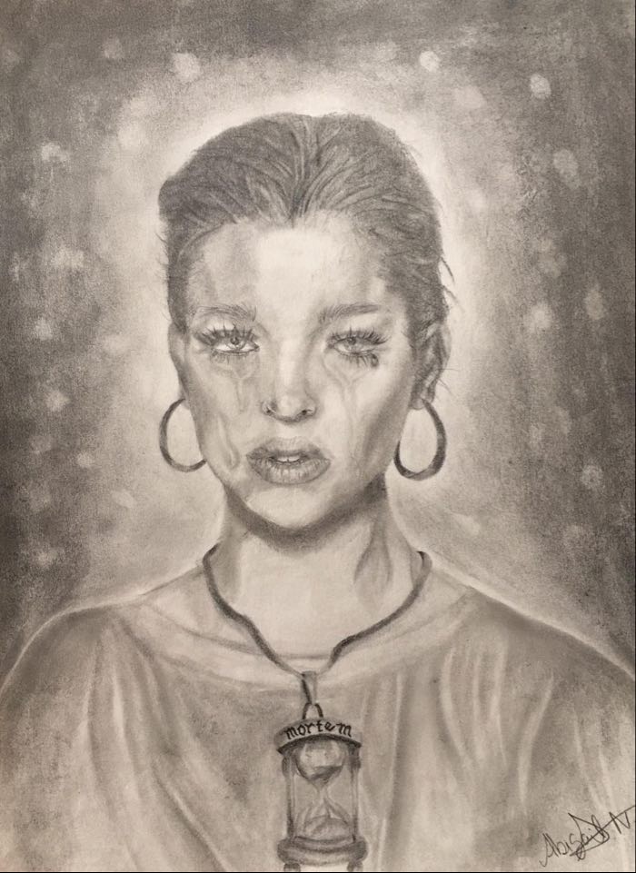 joeganim's tweet photo. This amazing piece called "Metus Morti", was created by Abigail Nima, who is in grade 12.
She used charcoal and graphite pencil to created this #ArtWork.
#Bridgeport #BPTArt #BPTStudent https://t.co/qkgdnSepUN