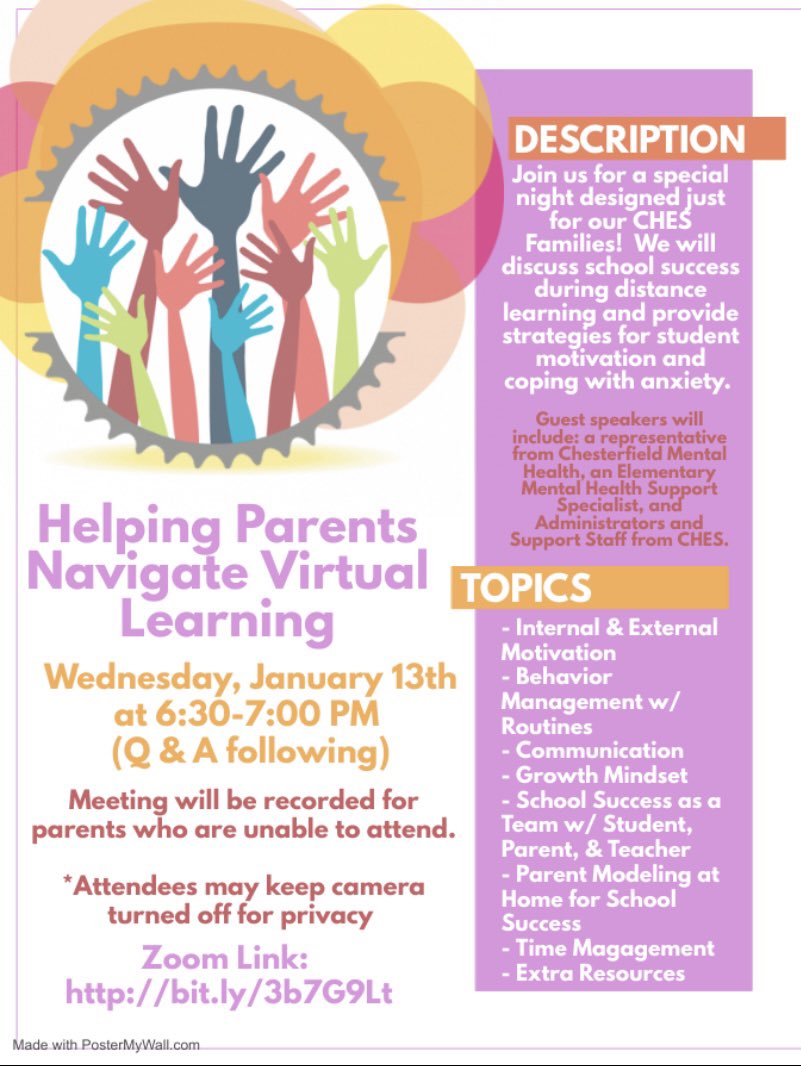 cari_malakoff's tweet photo. Attention Parents/Guardians! Please join us next Wednesday, January 13 from 6:30-7:00 PM via Zoom! We will be discussing school success during distance learning and provide strategies for student motivation and coping with anxiety. @CloverHillES https://t.co/maushZeds3