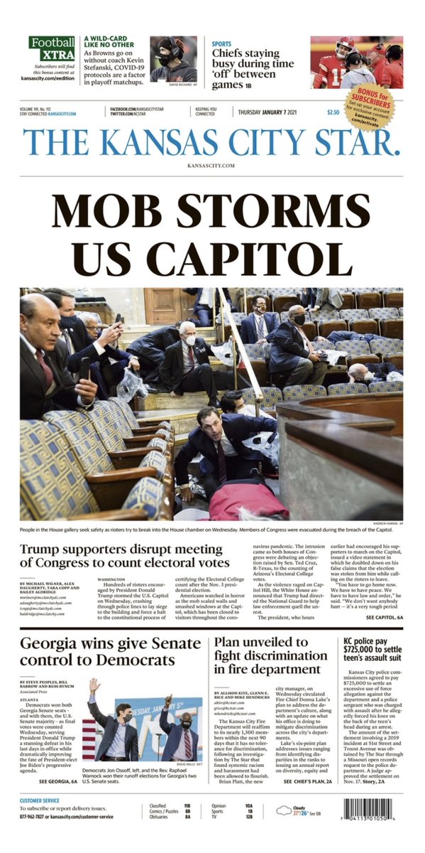 I'm from Missouri & was interested to see how its papers would handle coverage of the Capitol given the role Sen. Josh Hawley (R-Mo.) played with his bid to block congressional certification of the Electoral College vote & there wasn’t mention of him on any of these covers. 9/