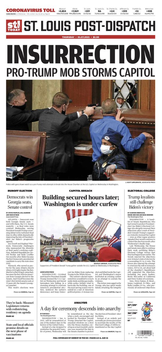 I'm from Missouri & was interested to see how its papers would handle coverage of the Capitol given the role Sen. Josh Hawley (R-Mo.) played with his bid to block congressional certification of the Electoral College vote & there wasn’t mention of him on any of these covers. 9/