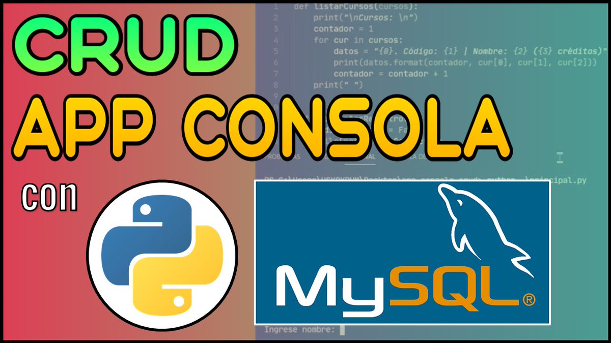 UskoKruM2010's tweet photo. CRUD Completo con Python &amp; MySQL en Aplicación de Consola con Menú de Opciones ✅  https://t.co/cbBAjjZcYj a través de @YouTube 

¿Me ayudas con tu RT? ✔ ¡Te lo agradecería mucho! 😁

#python #python3 #pythonapp https://t.co/VBaLkFsjIm