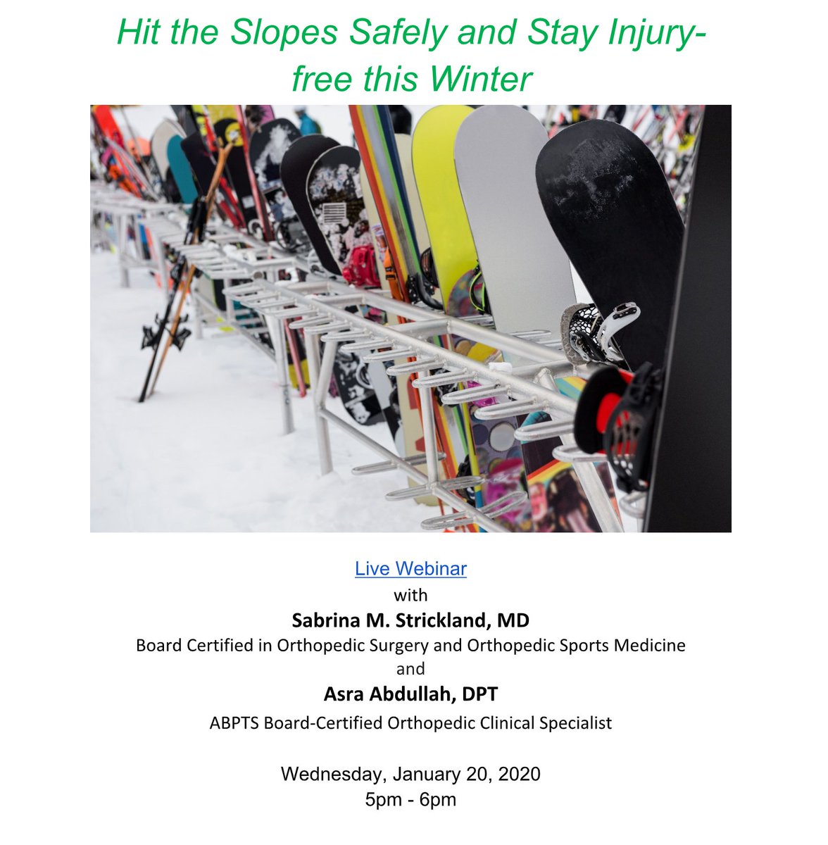 HD_PT_OT's tweet photo. Join us for expert advice on what you should do before hitting the slopes!

RSVP: https://t.co/t2d8YOj3EP

#freewebinar #healthwebinar #physicaltherapy #NewYork #NewYorkCity #NYC #skiing #snowboarding #snow #skiresort #injuryprevention #sportsperformance #strengthandconditioning https://t.co/8aHdLGPV0D